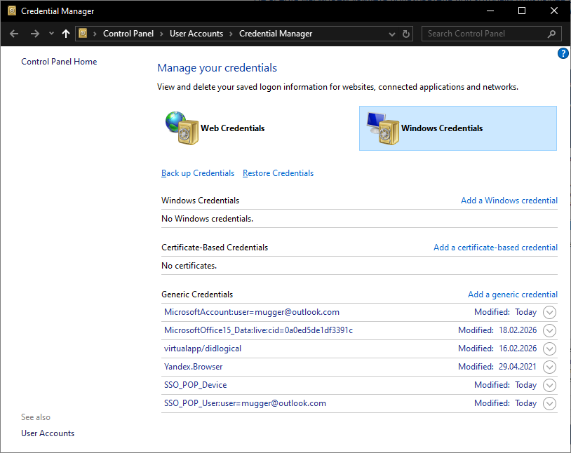 win 10 credentials manager windows credentials